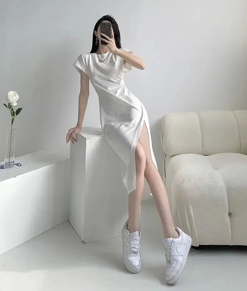 TrenLux Wear Women's Cotton Y2K Asymmetrical Hem Casual Midi Dress The Glow Sanctuary