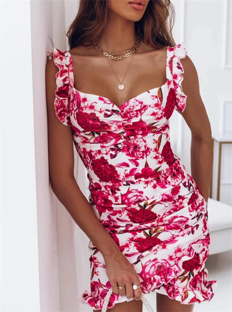 TrenLux Wear Women's Polyester Floral Print Ruffle V-Neck Bodycon Sundress The Glow Sanctuary