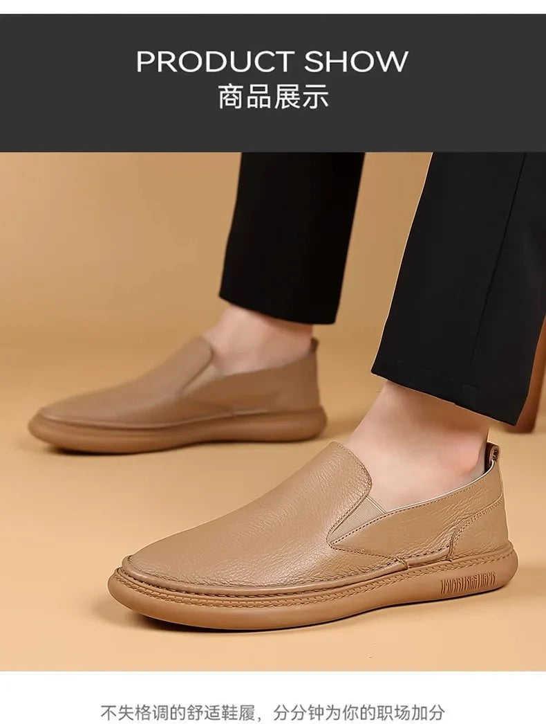 Men's genuine leather casual loafers by TrendLux Wear, breathable slip-on flat shoes in solid color with a sleek design.
