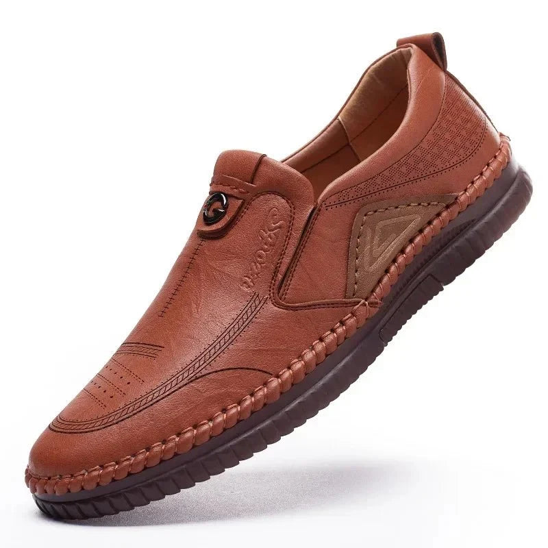 Men's genuine leather slip-on loafer sneakers with breathable soft sole and moccasin design from TrendLux Wear.