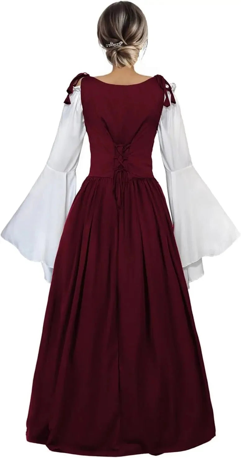 Women's polyester medieval Renaissance faire costume dress with flowing sleeves and intricate details, perfect for historical reenactments.