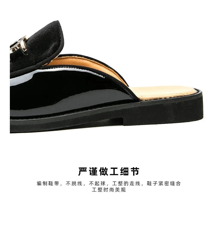 Men's black faux suede slip-on mules by TrendLux Wear, casual loafers with breathable design, suitable for summer, available in EU sizes 35-47.