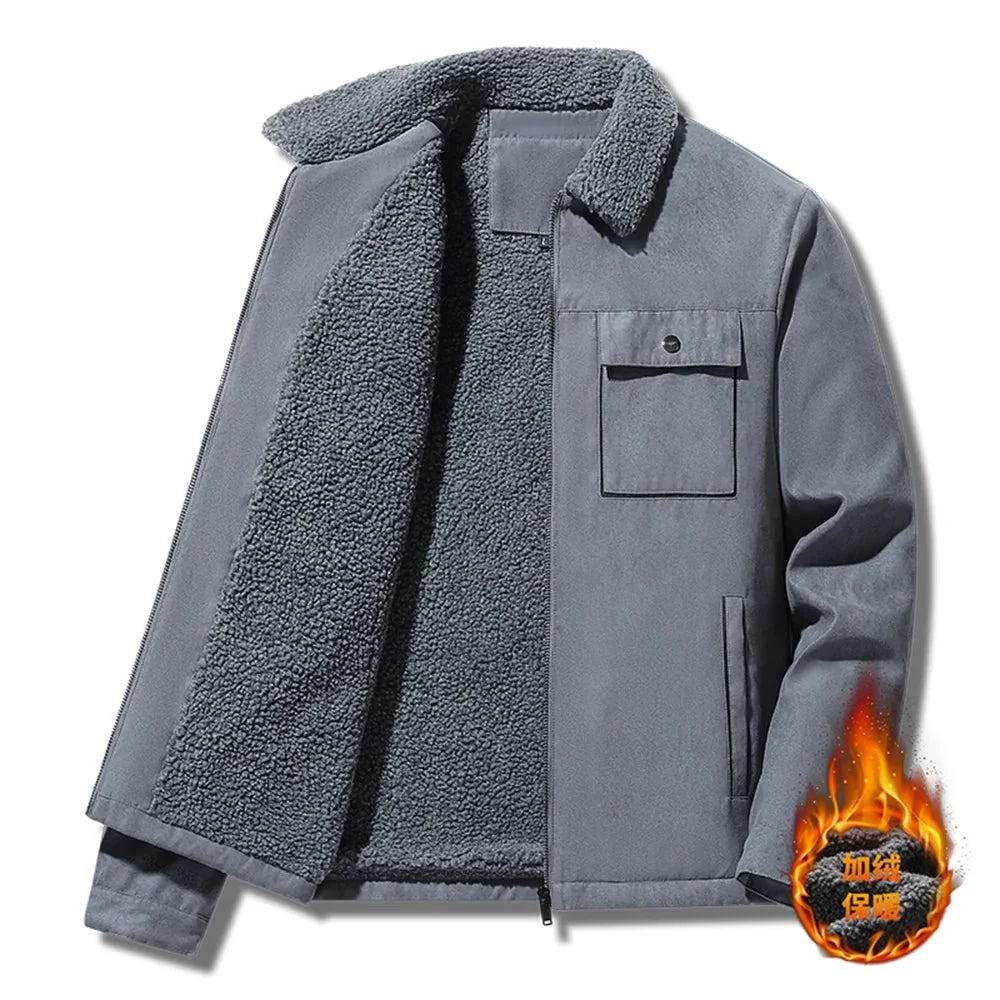 Men's suede workwear jacket from TrendLux Wear with fleece lining, windproof design, suitable for business casual and outdoor wear.