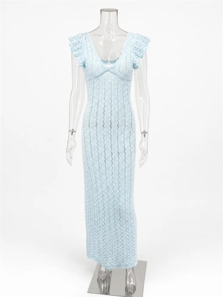 Ruffled V-Neck Hollow-Out Knit Maxi Dress