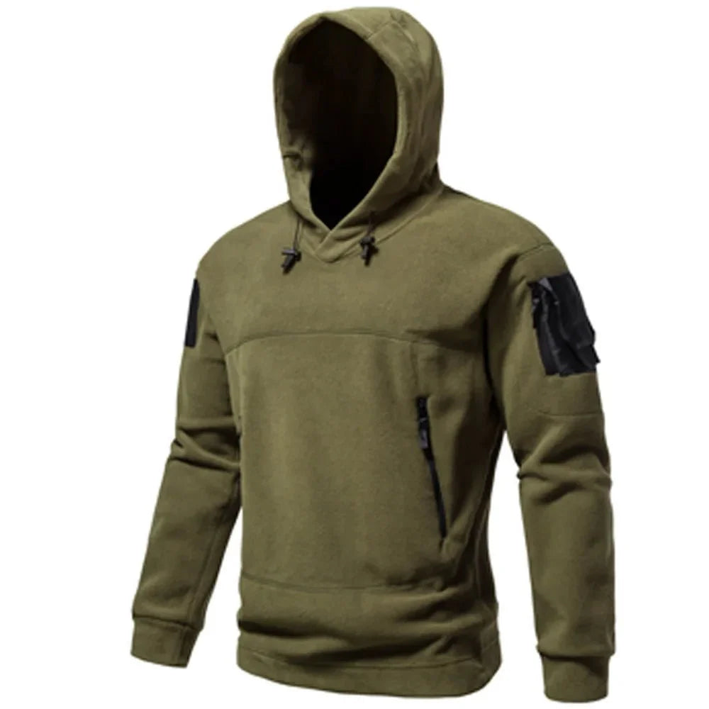 Men's tactical outdoor hoodie by TrendLux Wear, thick fleece sportswear suitable for autumn and winter activities.