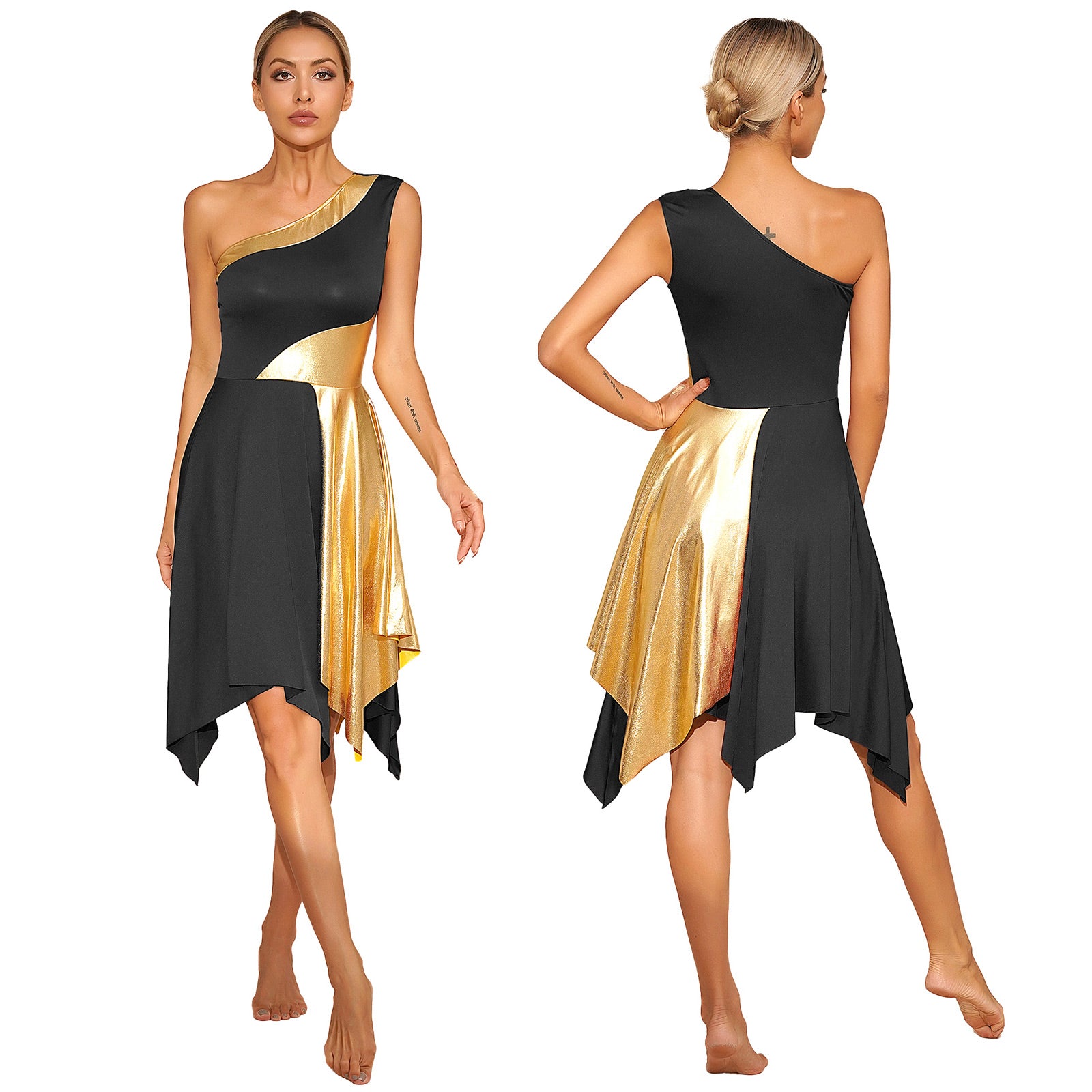 TrendLux Women's Polyester-Spandex One-Shoulder Metallic Lyrical Dance Worship Dress