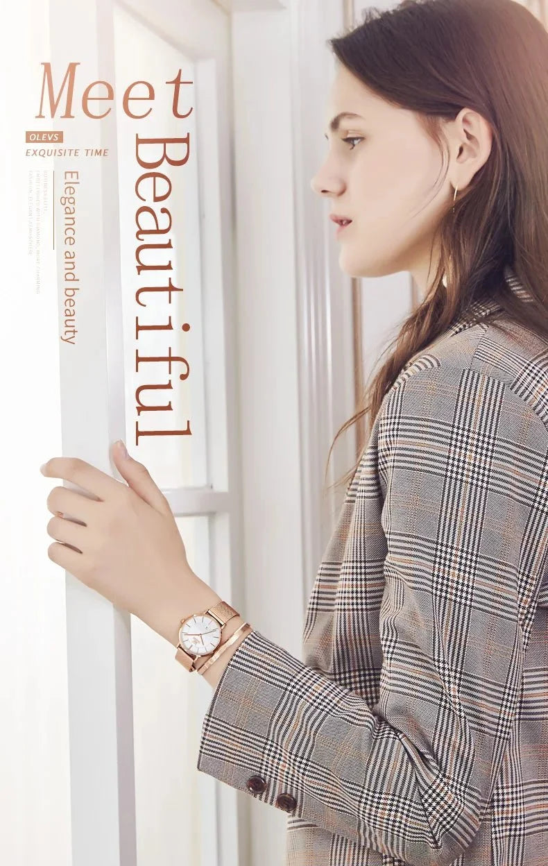 TrendLux Wear women's rose gold stainless steel bracelet watch with quartz movement, elegant luxury jewelry accessory.