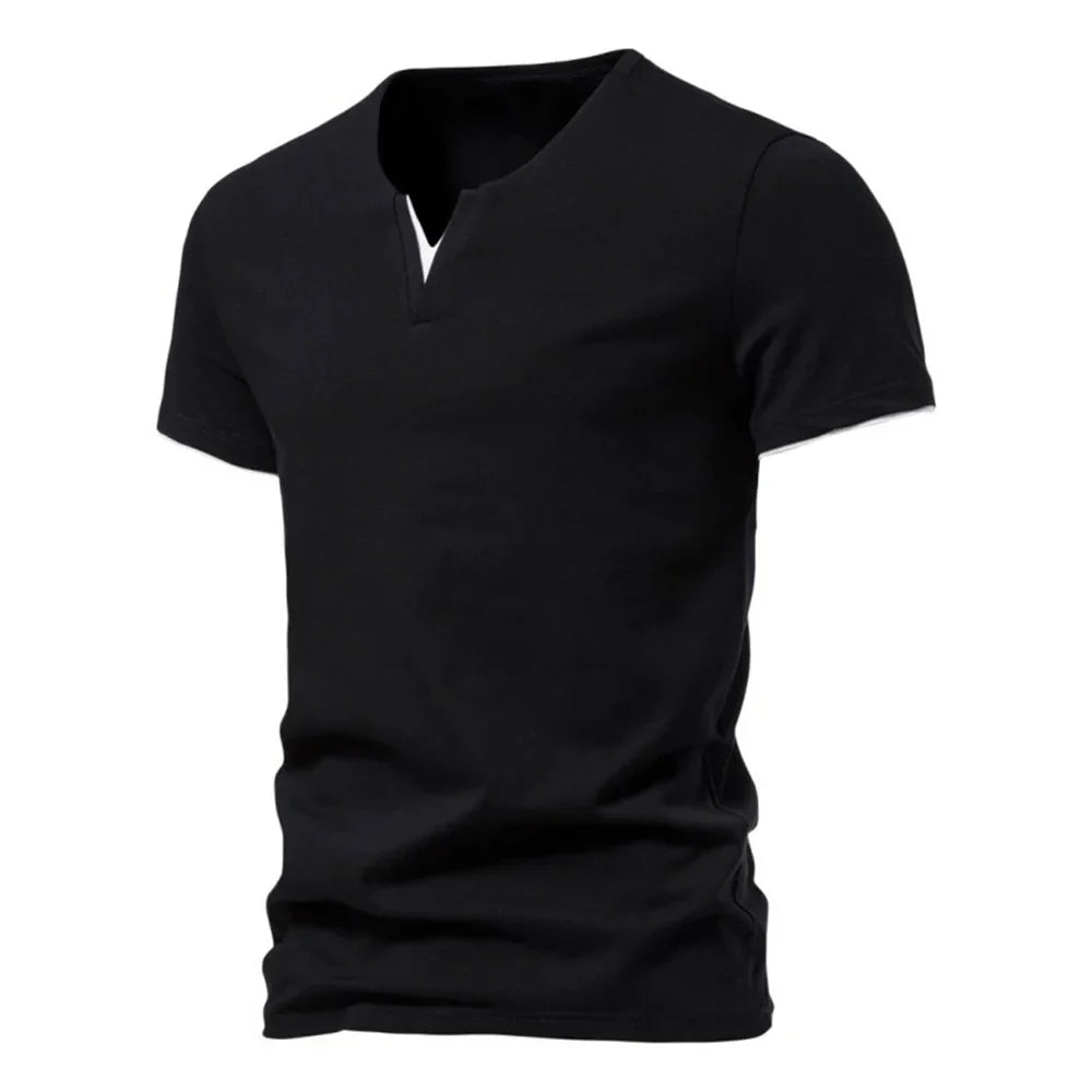 Men's slim fit Henley T-shirt by TrendLux Wear in black, white, or grey, featuring moisture-wicking and breathable fabric.