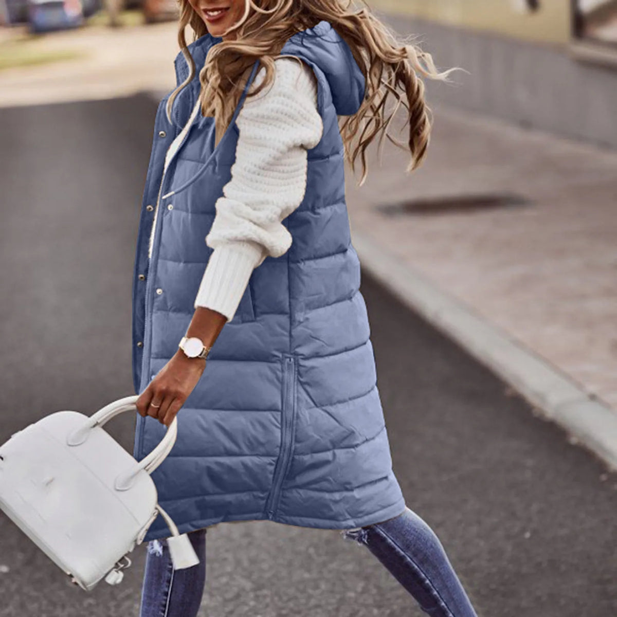 Women’s Long Hooded Puffer Vest – Quilted Cotton-Filled Sleeveless Winter Coat with Pockets