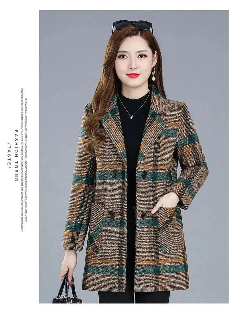 TrenLux Wear Women's Plaid Woolen Overcoat — Elegant Double-Breasted Autumn Winter Coat TrenLux Wear