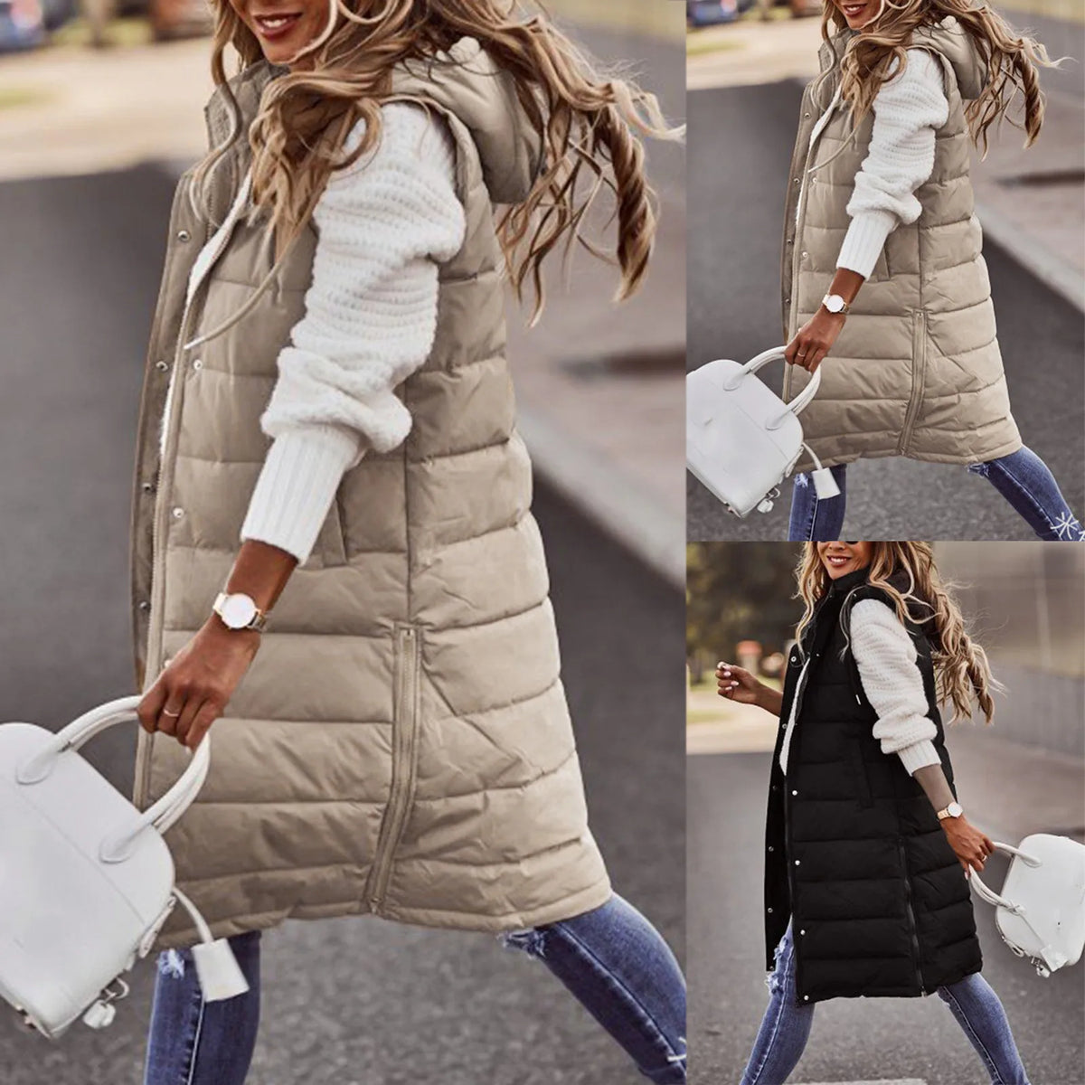 Women’s Long Hooded Puffer Vest – Quilted Cotton-Filled Sleeveless Winter Coat with Pockets
