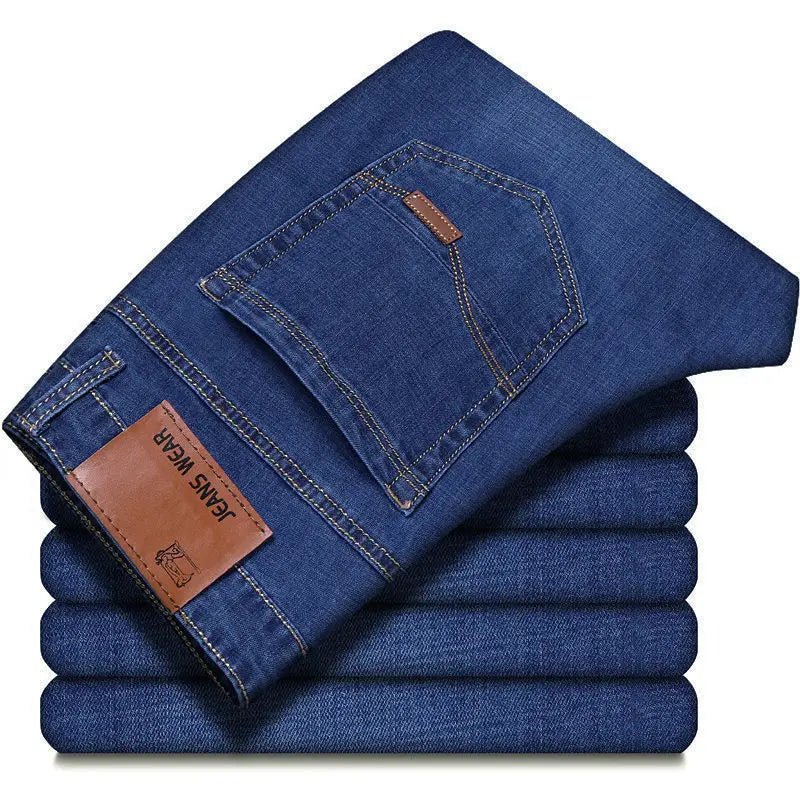 Men's elastic straight leg jeans by TrendLux Wear in classic blue and black, casual work denim, available in sizes 28–40.
