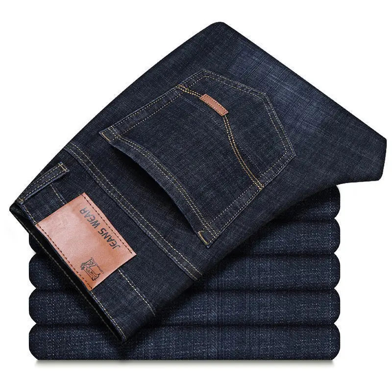 Men's elastic straight leg jeans in classic blue and black from TrendLux Wear, casual work denim, available in sizes 28–40.