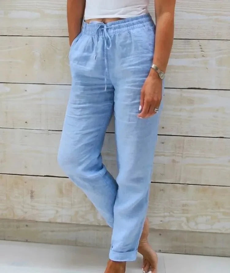 Women's high waist cotton linen summer pants by TrendLux Wear, casual and breathable trousers, perfect for warm weather.
