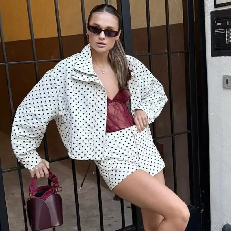 TrenLux Wear women's polka dot bomber jacket with oversized fit, long sleeves, zip-up front, and aviator style outerwear.