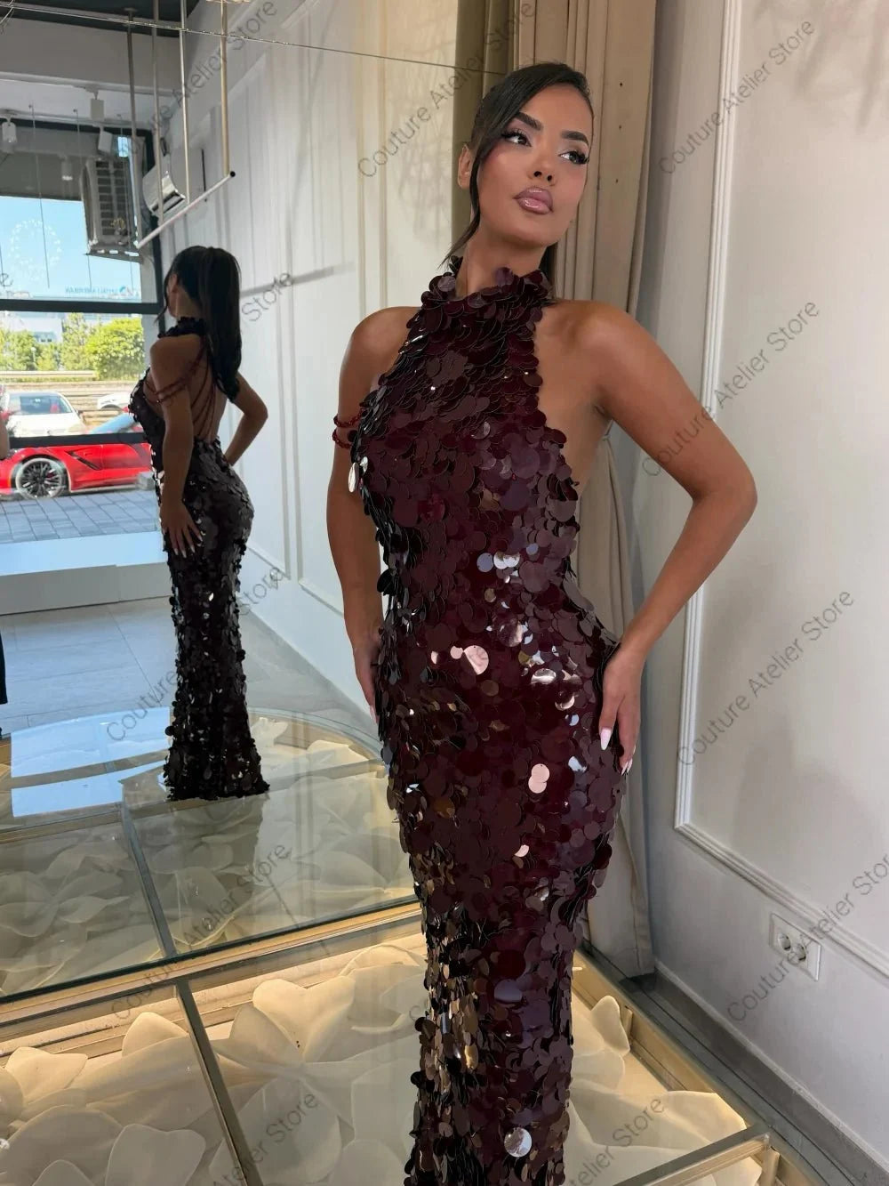 Custom Sequin Halter Mermaid Evening Dress - TrendLux Wear