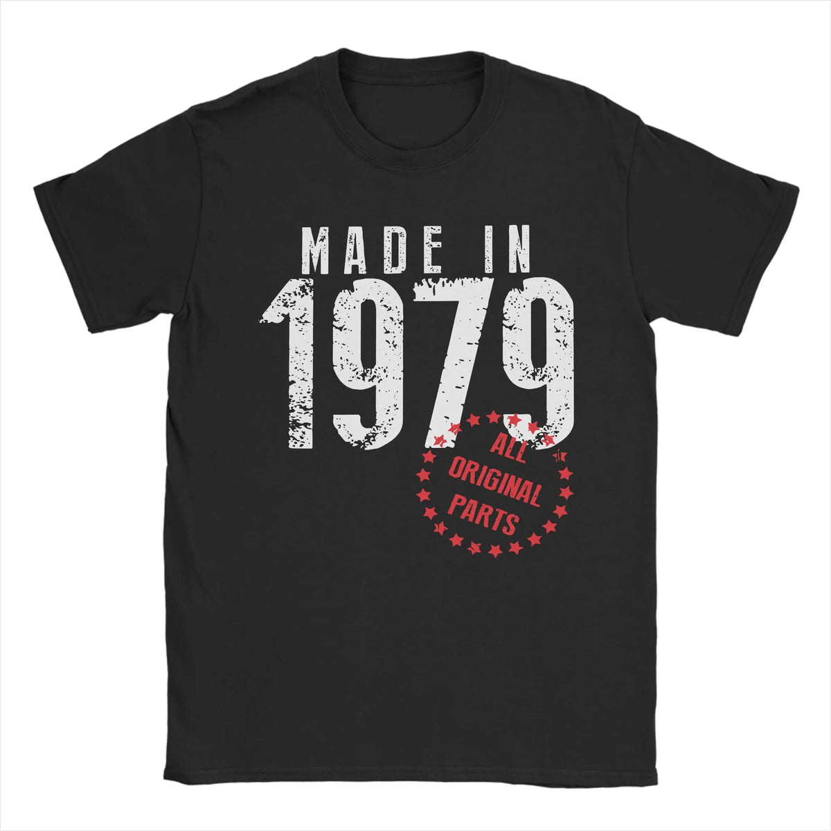 Men's vintage 1979 birthday T-shirt by TrendLux Wear in khaki, burgundy, and army green, featuring a graphic design and 100% cotton fabric.