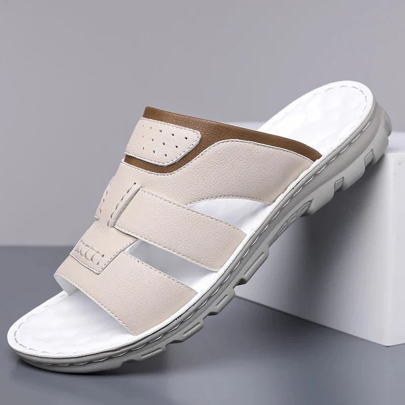 Men's handmade leather half-drag slippers from TrendLux Wear, lightweight outdoor slides in EU sizes 38 to 58, featuring a durable leather design.