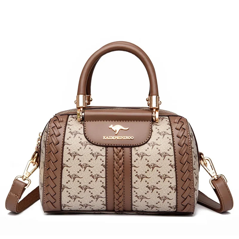 Brown designer shoulder bag featuring semi-woven texture, gold logo, and adjustable strap. Casual and stylish.