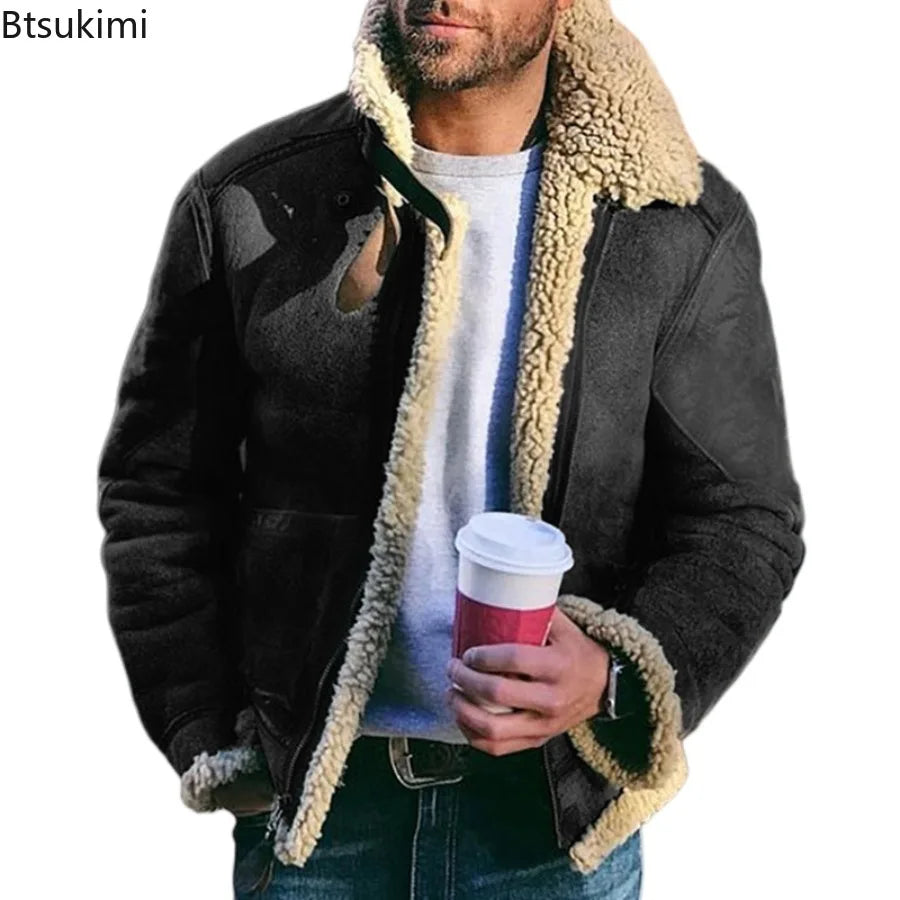Men's Faux Leather Suede Fur-Lined Winter Jacket – Turn Down Collar Coat