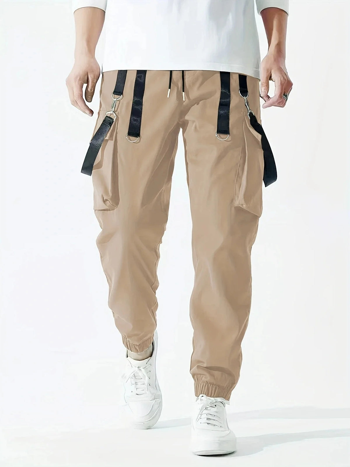 Men's Techwear Cargo Joggers by TrendLux Wear with drawstring waist and multiple pockets in various colors.