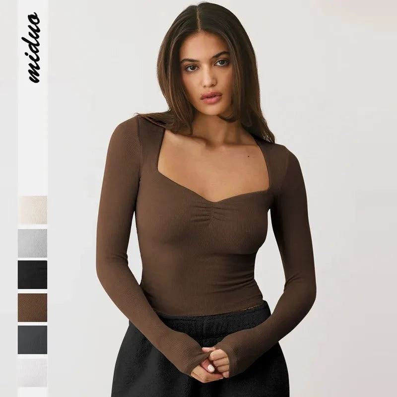Women's Y2K square neck long-sleeve top by TrendLux Wear, slim fit viscose blend, perfect for fall and winter seasons.
