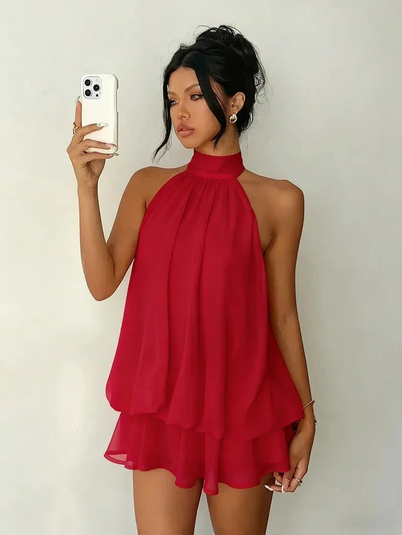 Women's polyester backless slim-fit A-line beach dress by The Glow Sanctuary, shown in a stylish, flowy design.
