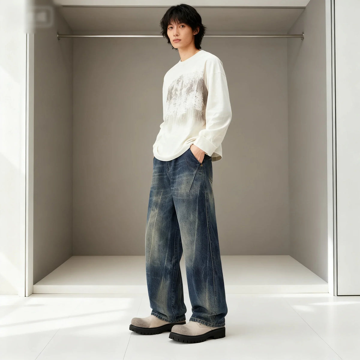 Men's loose straight leg distressed jeans by TrendLux Wear, casual versatile denim pants with a relaxed fit and distressed detailing.
