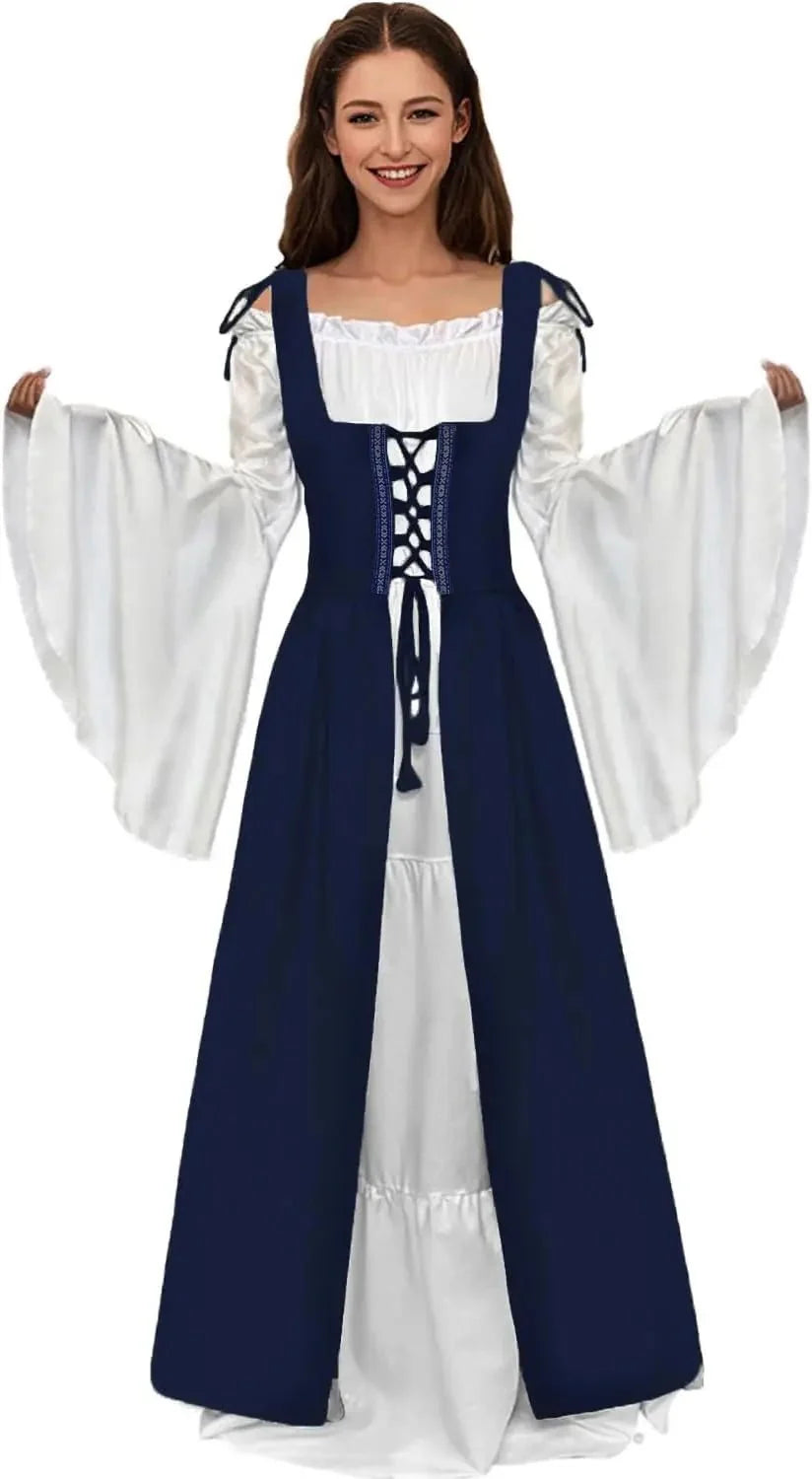 Women's polyester medieval renaissance faire costume dress with flowing skirt and fitted bodice, designed by The Glow Sanctuary.