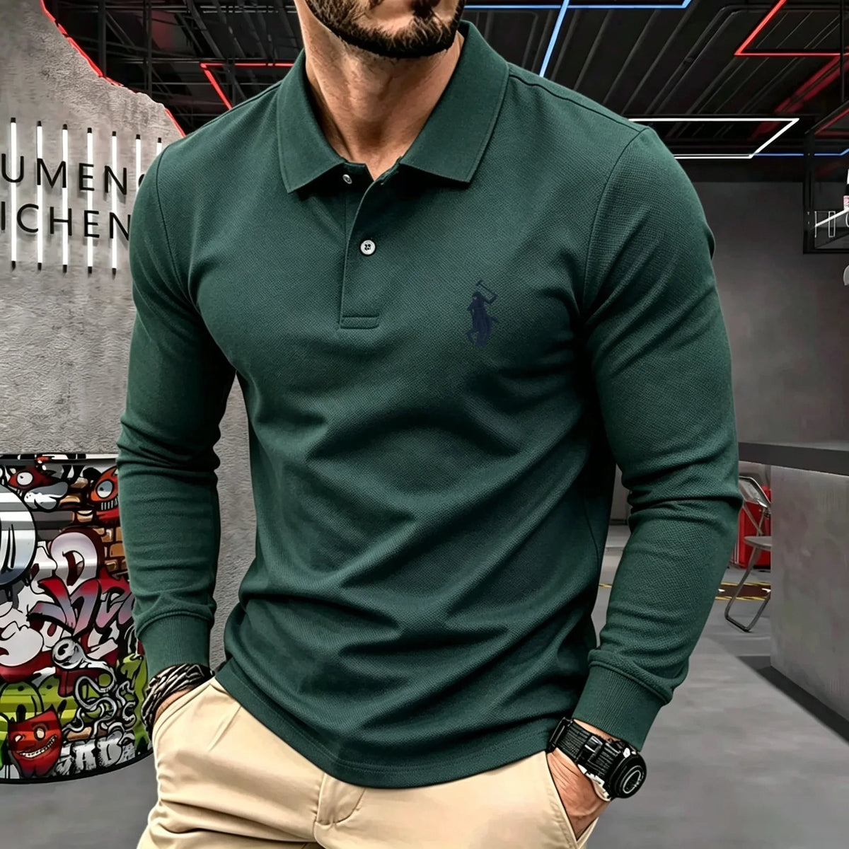 Men's Cotton Long-Sleeve Polo Shirt