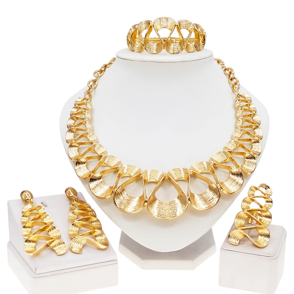 Women's Gold Plated Wavy Pendant Necklace & Earrings Set. TrenLux Wear