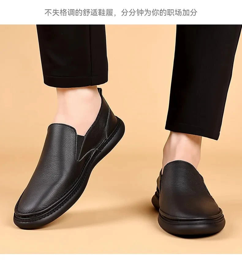 Men's genuine leather casual loafers by TrendLux Wear, breathable slip-on flat shoes in solid color with a stylish, comfortable design.