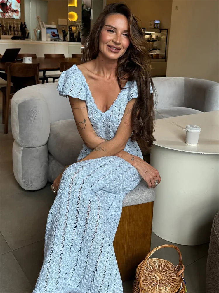Ruffled V-Neck Hollow-Out Knit Maxi Dress