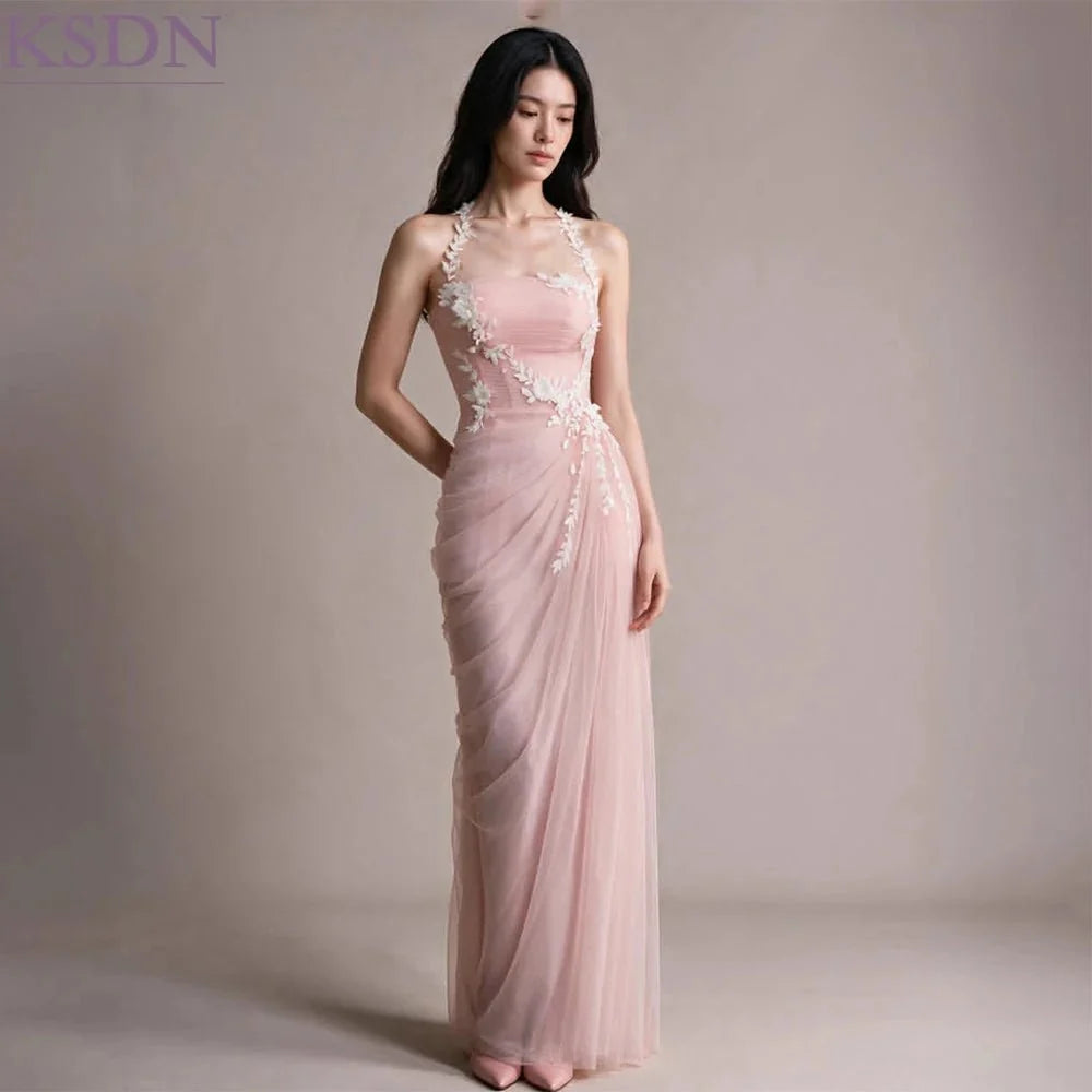Fairy Pink Mermaid Evening Gown | Halter Lace Appliqué Formal Dress - TrendLux Wear