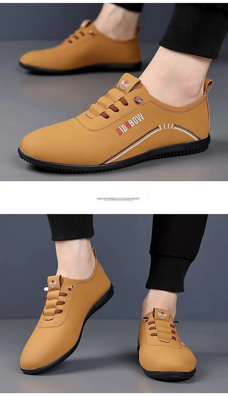 Men's soft sole leather loafers by TrendLux Wear, lightweight slip-on moccasin walking shoes, with smooth leather finish.