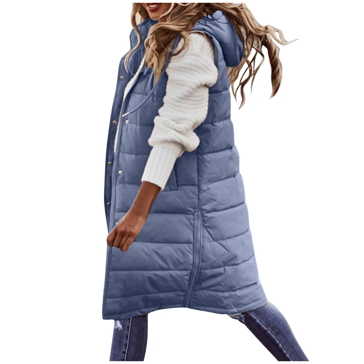Women’s Long Hooded Puffer Vest – Quilted Cotton-Filled Sleeveless Winter Coat with Pockets