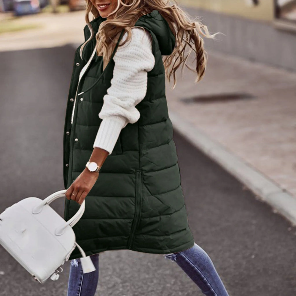 Women’s Long Hooded Puffer Vest – Quilted Cotton-Filled Sleeveless Winter Coat with Pockets