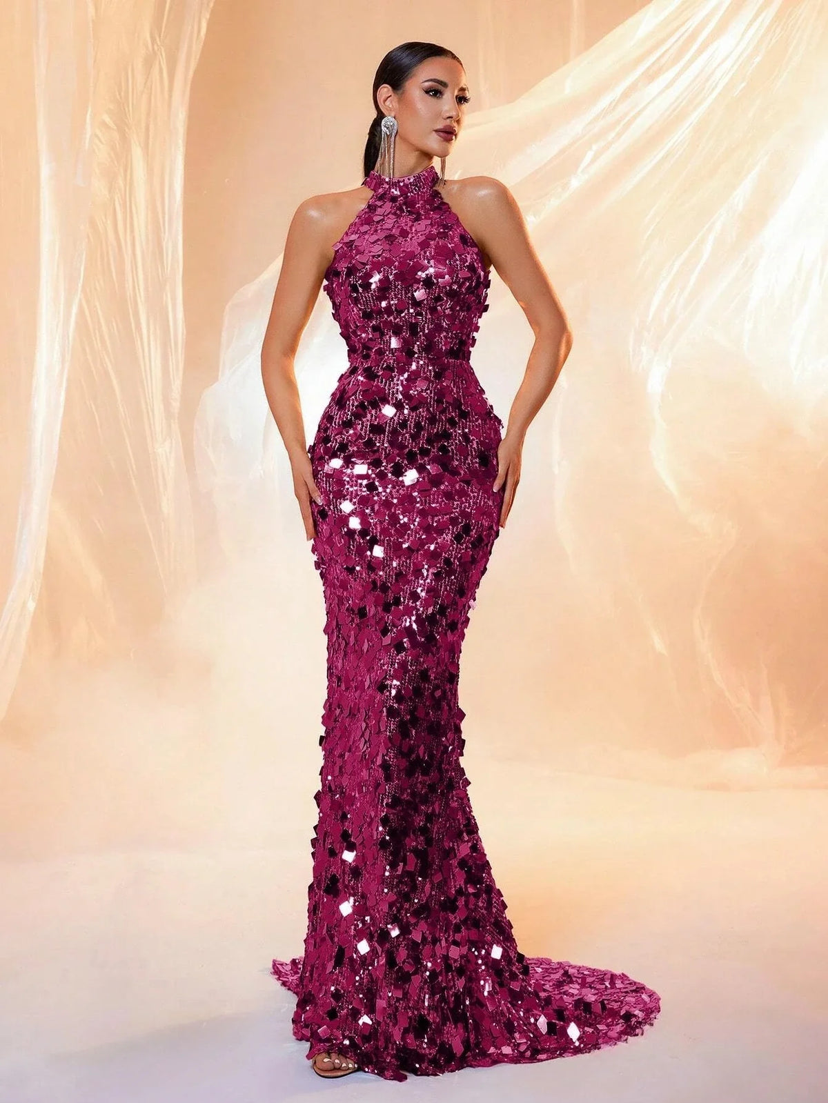 Brown Sequin Halter Backless Maxi Evening Dress - TrendLux Wear