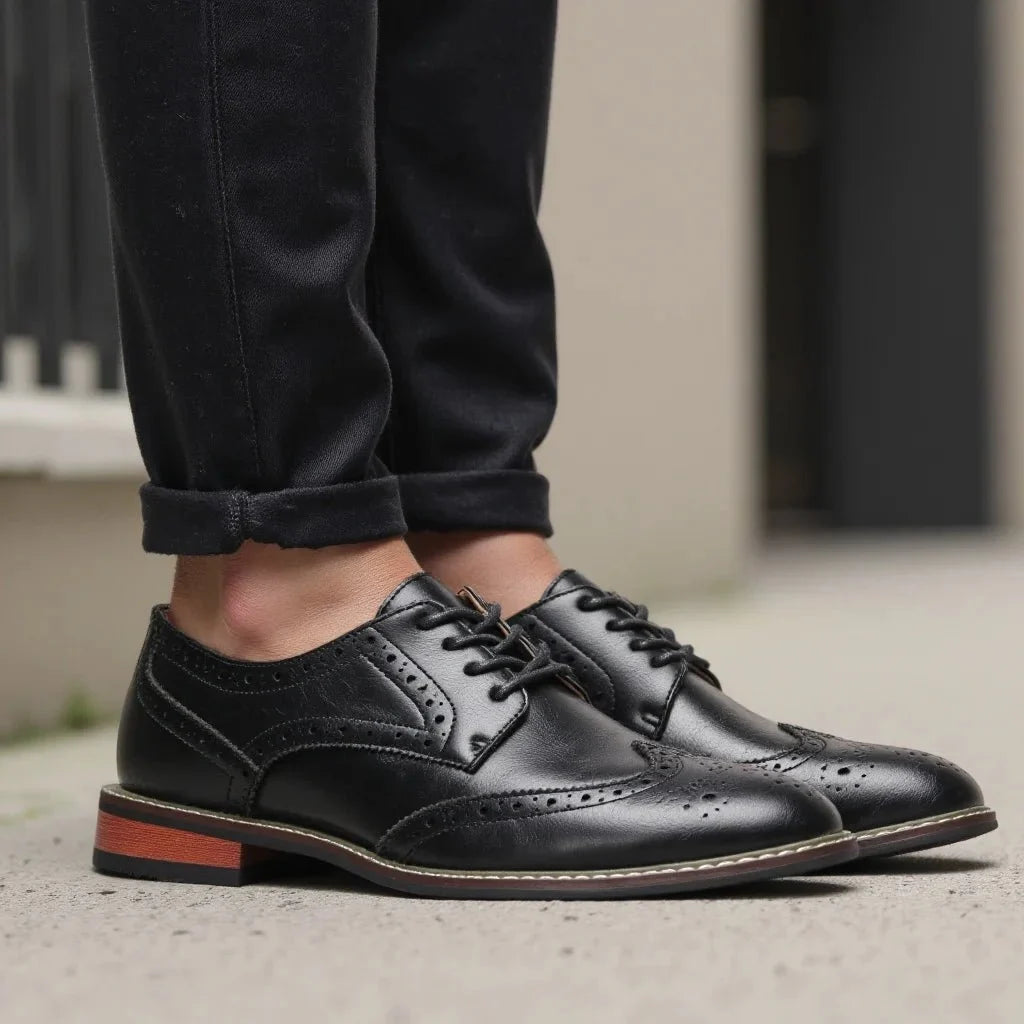 Men's black and brown leather lace-up brogue dress shoes by TrendLux Wear, showcasing formal Oxford style with detailed perforations.
