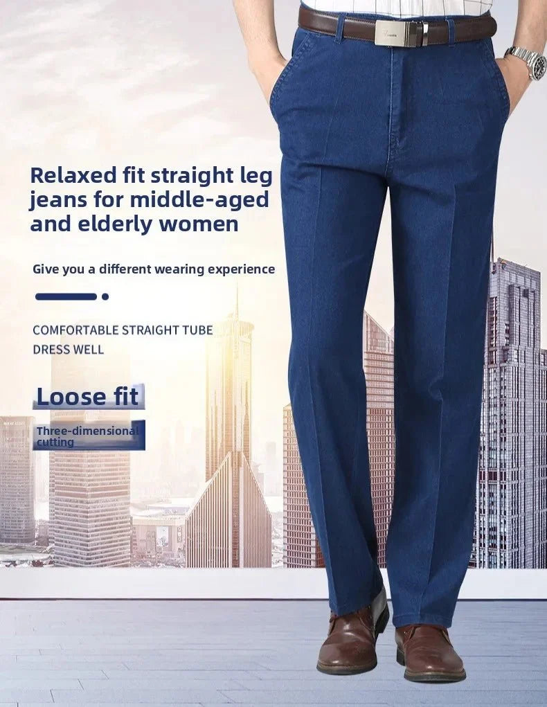 Men's high-waist straight-leg cargo jeans by TrendLux Wear with elastic waistband, perfect for spring and summer wear.