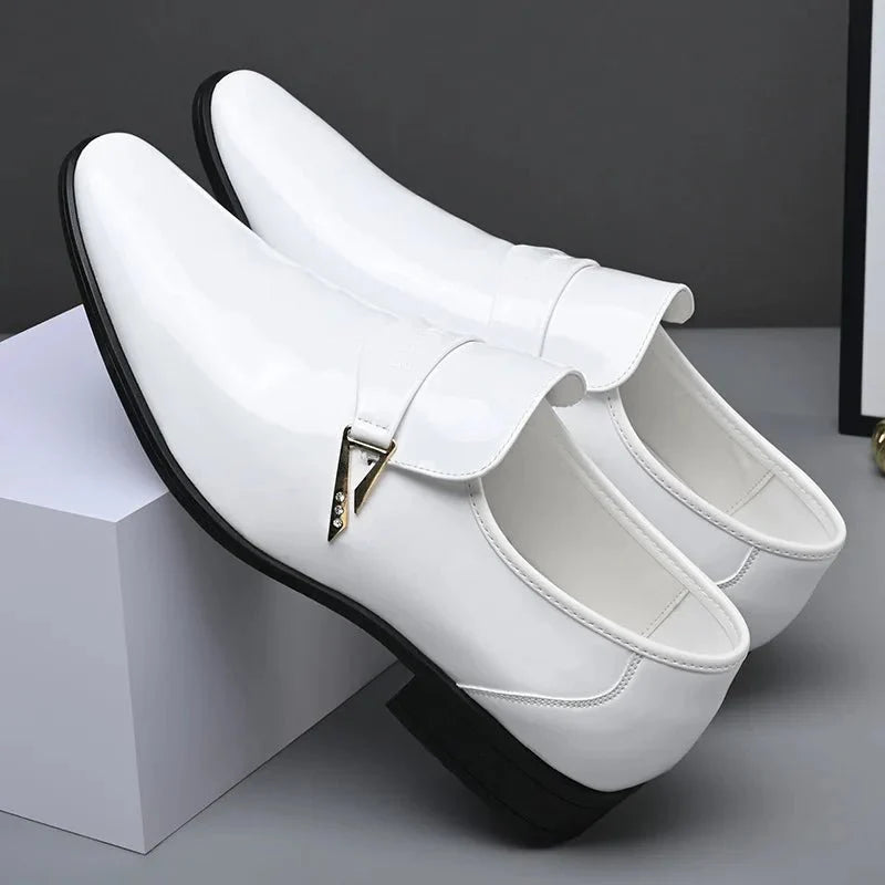 Men's TrendLux Wear patent leather pointed toe loafers, slip-on dress shoes for business casual or formal occasions.