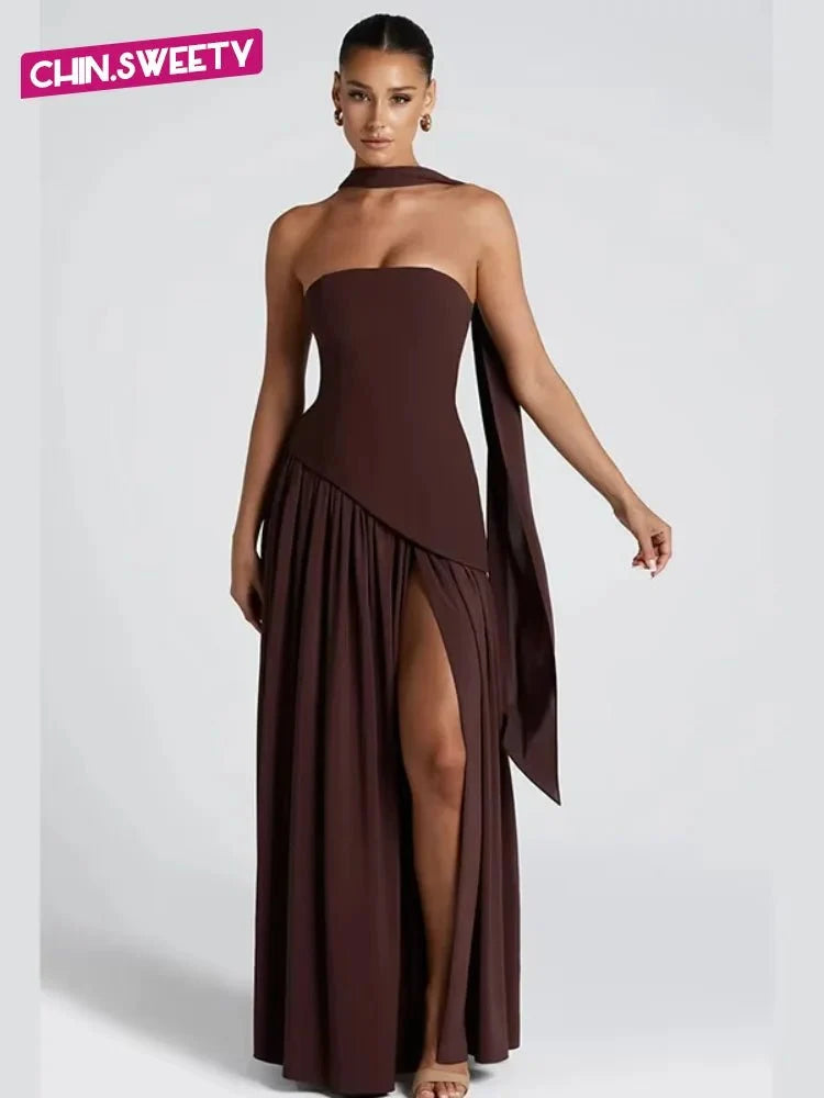 Women's Strapless Backless Maxi Dress with Ribbon Scarf - TrendLux Wear