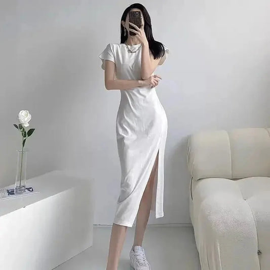 Y2K asymmetrical hem midi dress by The Glow Sanctuary featuring a stylish streetwear look and modern design.