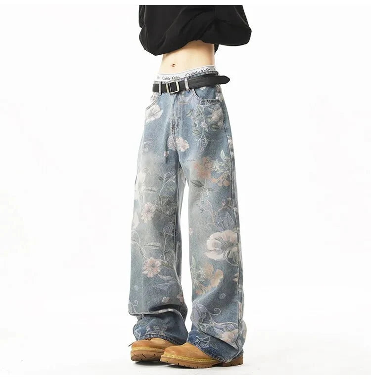 Men's retro floral print jeans by TrendLux Wear, loose wide-leg denim pants with a hip-hop style, casual for couples.