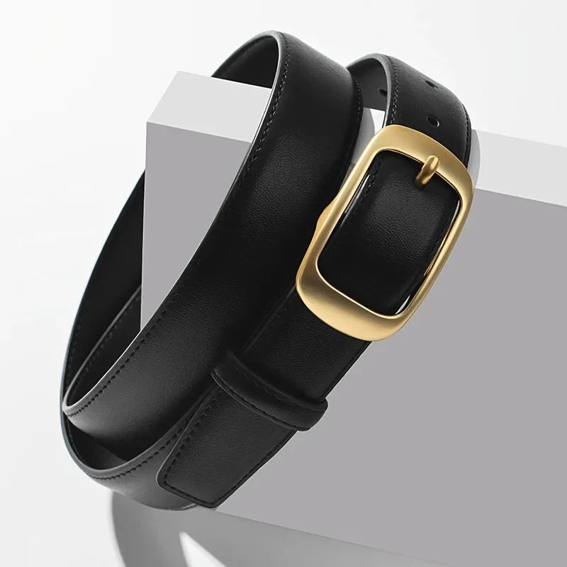 Women's black PU leather belt from TrendLux Wear with a sleek metal buckle, perfect for stylish everyday wear.