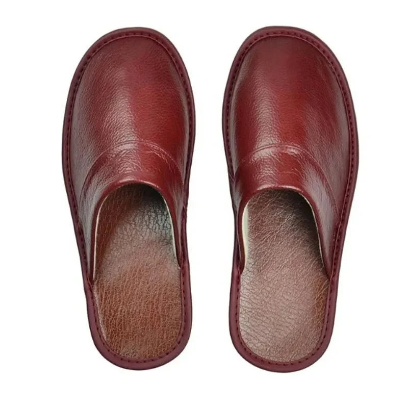 Men's and women's genuine leather indoor slippers by TrendLux Wear, soft flat house shoes in EU sizes 35–44.