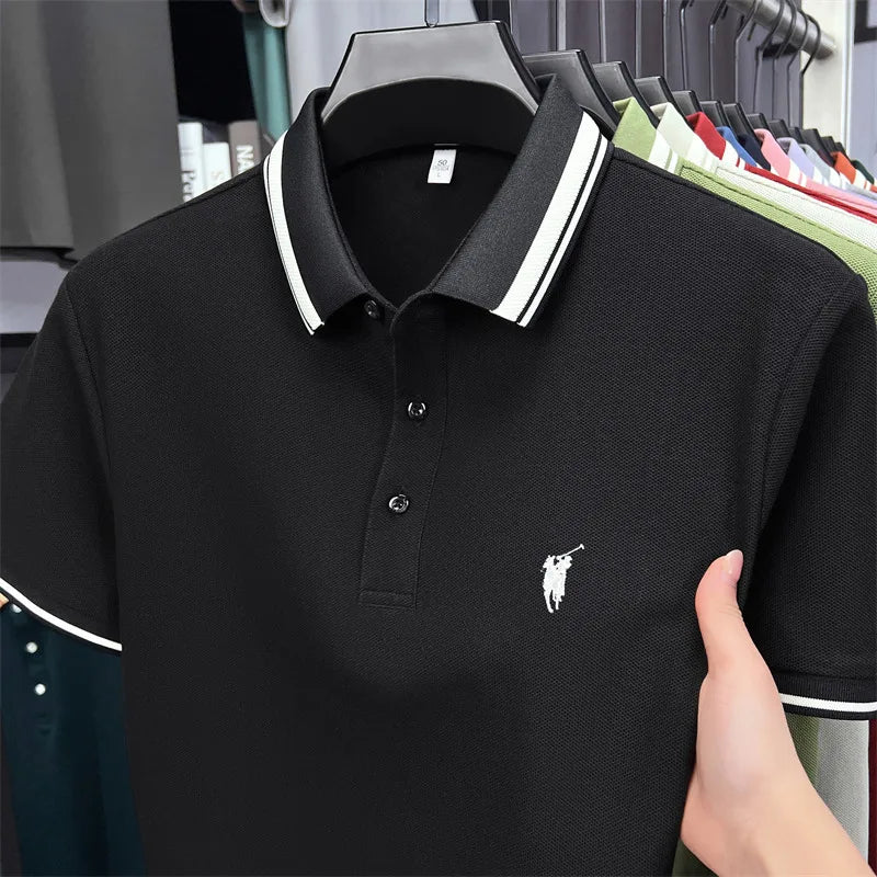 Black short sleeve polo shirt with white striped collar, featuring a small embroidered pony logo on the chest.