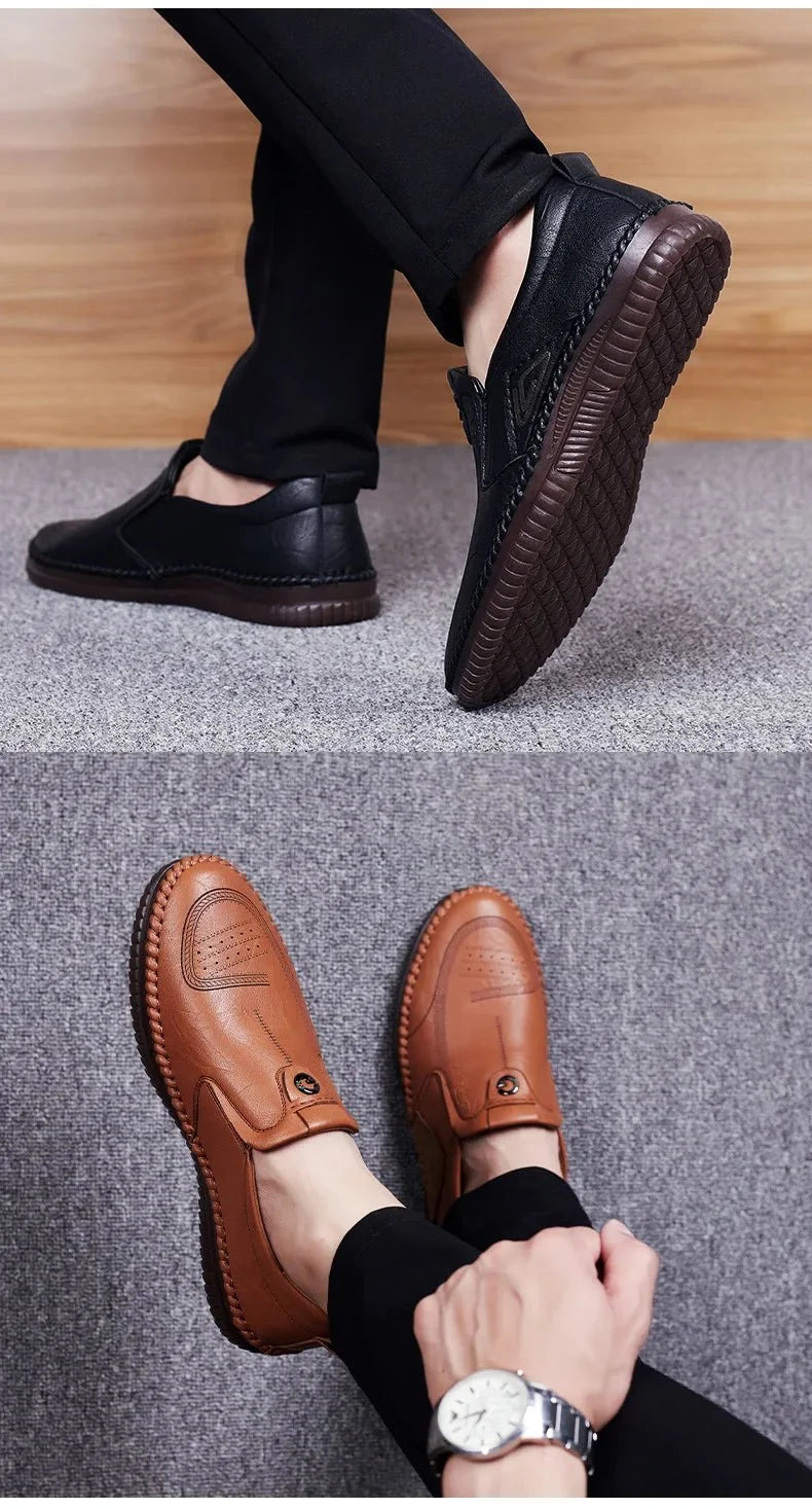 Men's genuine leather slip-on loafer sneakers by TrendLux Wear, featuring breathable soft sole moccasin casual shoes.