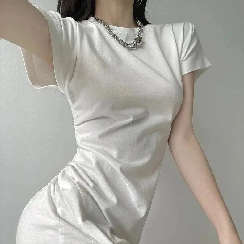 Y2K Asymmetrical Hem Midi Dress by The Glow Sanctuary, stylish streetwear dress with a modern, uneven hemline and trendy silhouette.