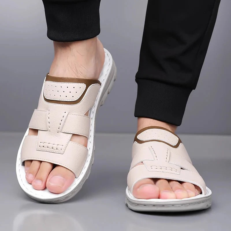 Men's handmade leather half-drag slippers by TrendLux Wear, lightweight outdoor slides in EU sizes 38-58, showing textured leather straps.